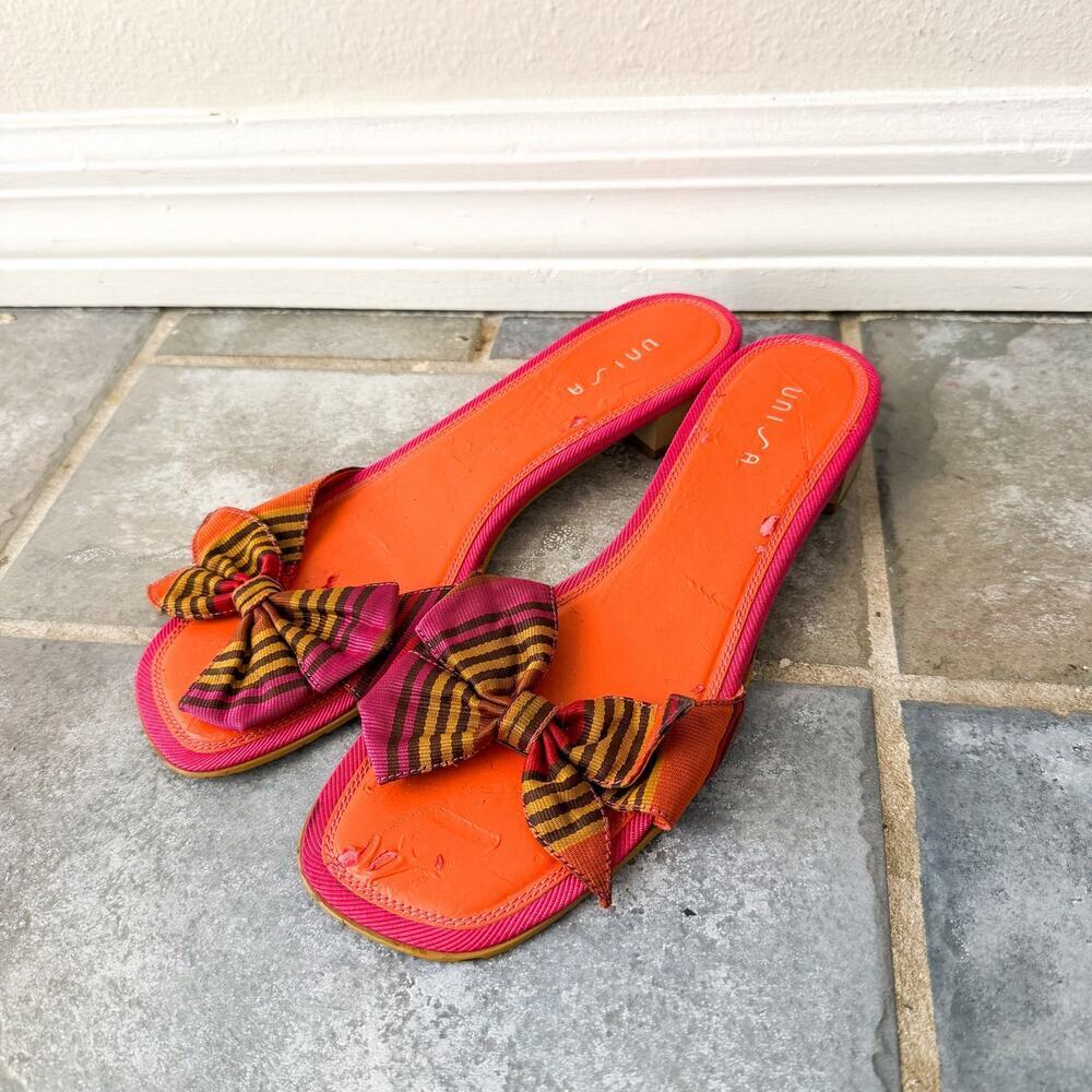 Unisa Open Toe Mule Heels Size 8 Orange Pink Bow Striped Kitten Heel Sandals